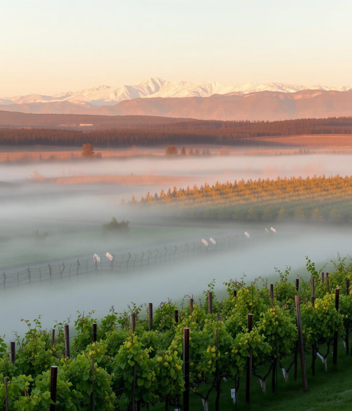 Misty Rogue River Valley vineyards with the Siskiyou mountains in the distance
